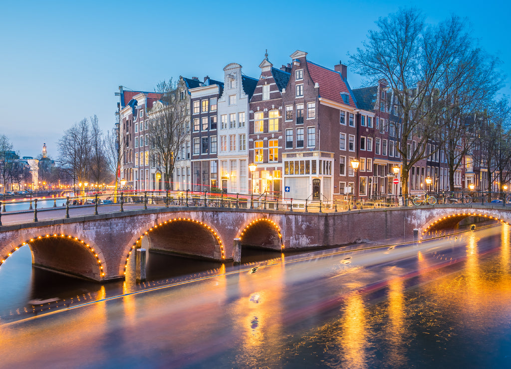 Night view of Amsterdam city skyline at night in Netherlands