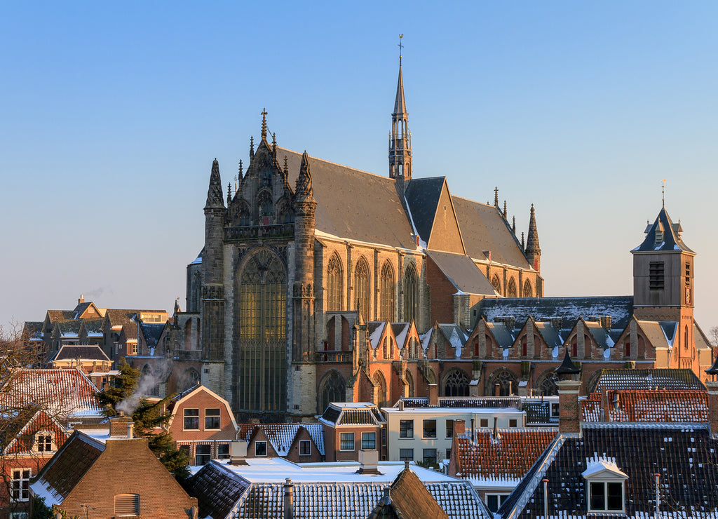 Cityscape skyline of the Hooglandse kerk (church) in Leiden, the Netherlands in winter