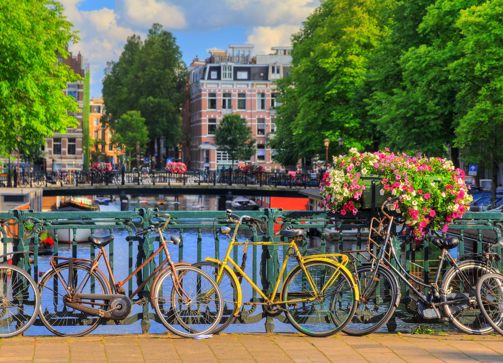 Beautiful vibrant summer flowers and bicycles on a bridge on the famous world heritage canals of Amsterdam, The Netherlands