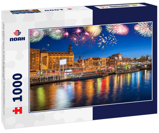 Amsterdam with firework (celebration of the New Year) in Holland