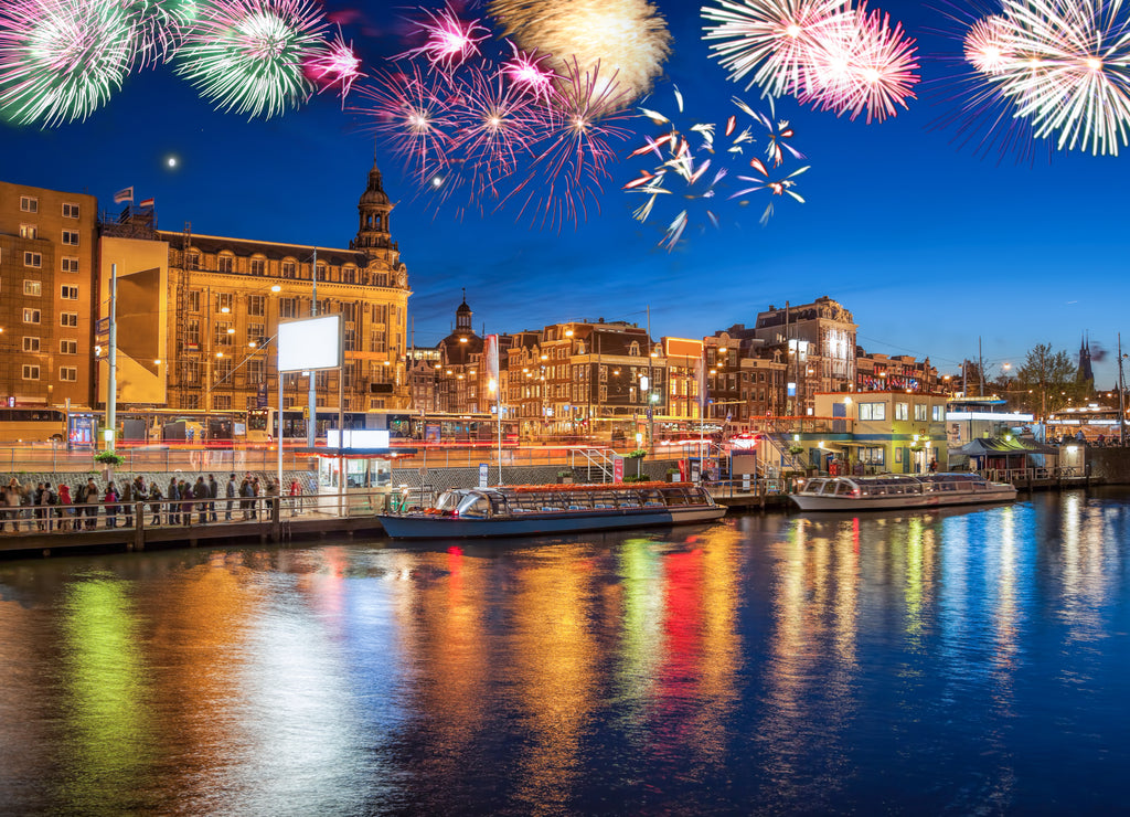 Amsterdam with firework (celebration of the New Year) in Holland