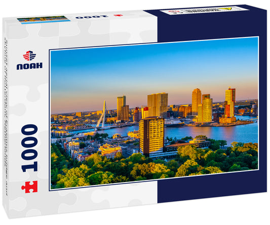 Sunset aerial view of Erasmus bridge and skyline of Rotterdam, Netherlands