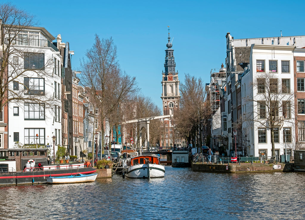City scenic from Amsterdam with the South church in the Netherlands