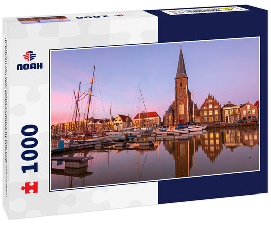 View on St. Michaels church in the city Harlingen in Friesland the Netherlands at sunset