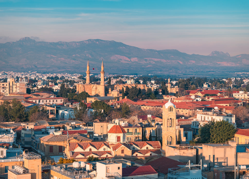 Beautiful aerial view over old town of Nicosia, Northern Cyprus and Selimiye Mosque in Cyprus