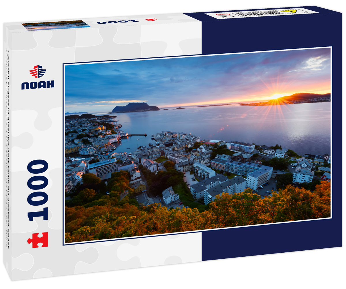 Colorful sunset in Alesund port town on western coast of Norway. Place where the ocean meet the mountains