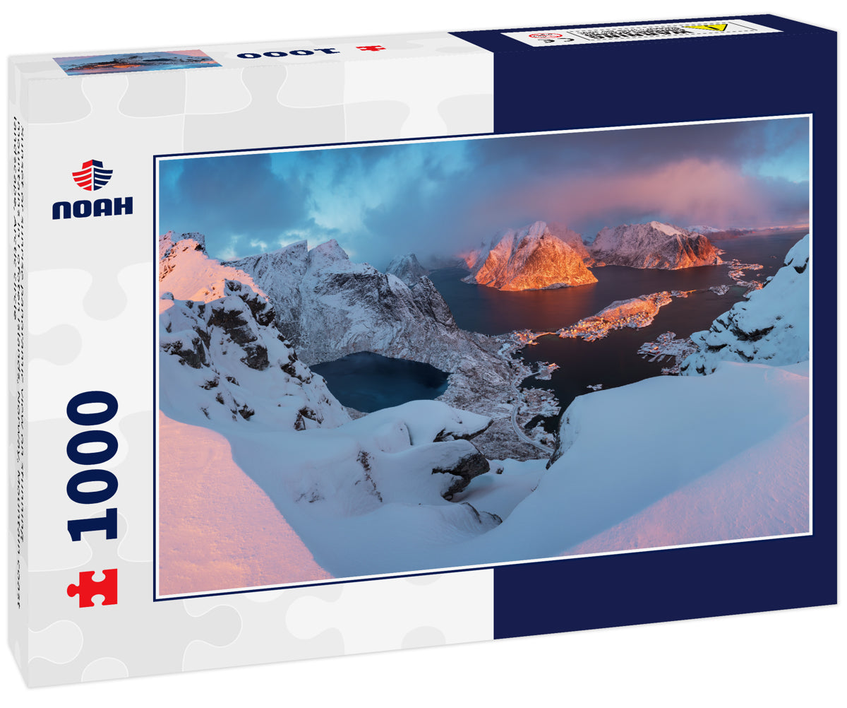 Sunset or sunrise panoramic view on stunning mountains in Lofoten islands, Norway, Mountain coast landscape, Arctic circle