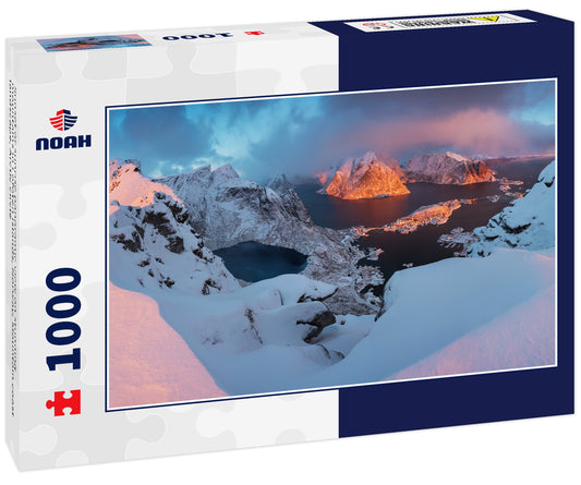 Sunset or sunrise panoramic view on stunning mountains in Lofoten islands, Norway, Mountain coast landscape, Arctic circle