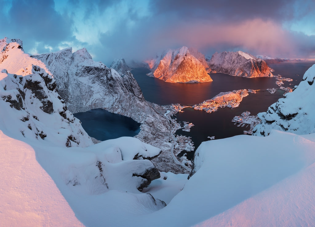 Sunset or sunrise panoramic view on stunning mountains in Lofoten islands, Norway, Mountain coast landscape, Arctic circle