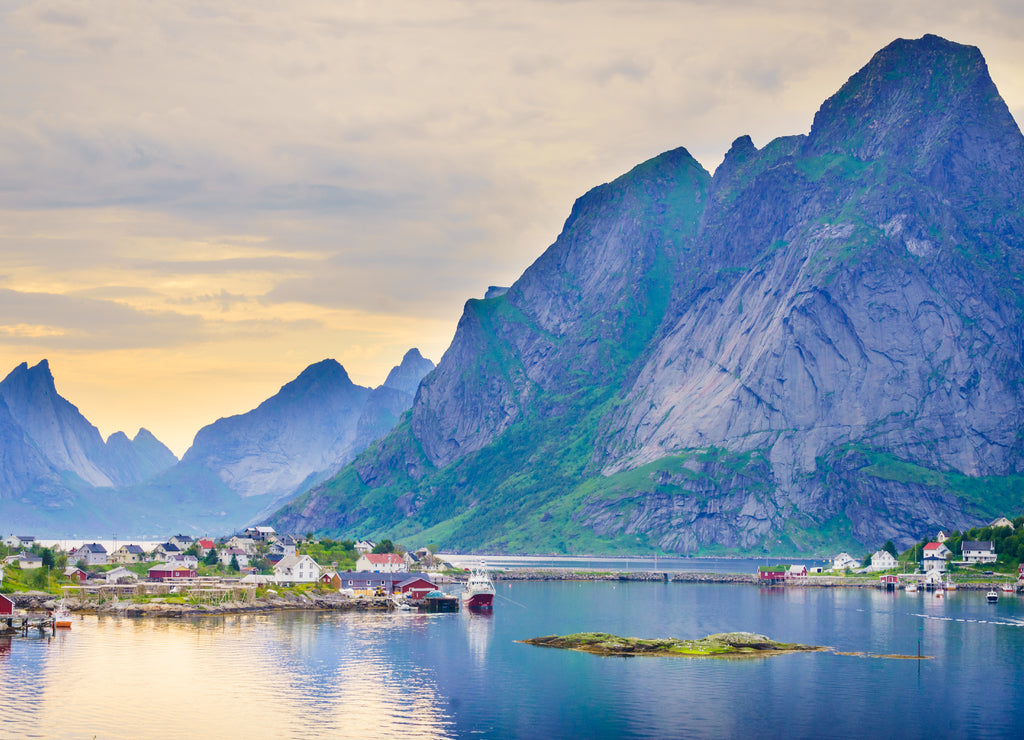 Fjord and mountains landscape. Lofoten islands Norway