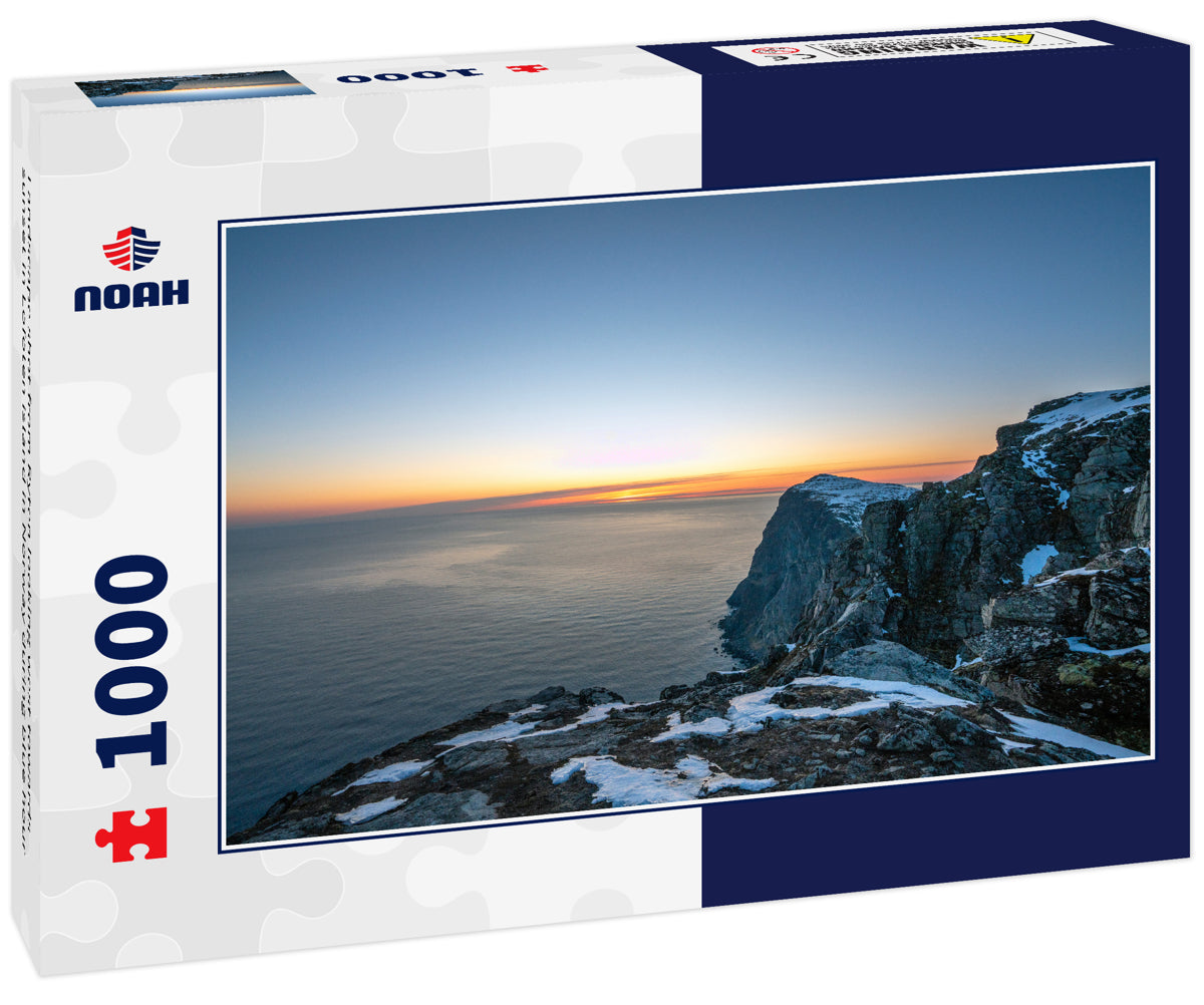 Landscape shot from Ryten looking west towards sunset in Lofoten island in Norway during blue hour