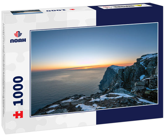 Landscape shot from Ryten looking west towards sunset in Lofoten island in Norway during blue hour