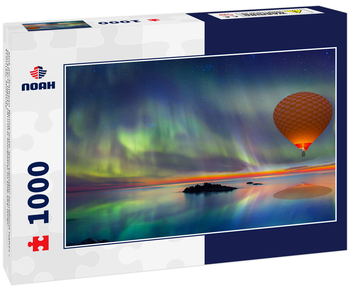 Hot air balloon flying with spectacular Northern lights - Northern lights (Aurora borealis) in the sky over Tromso, Norway