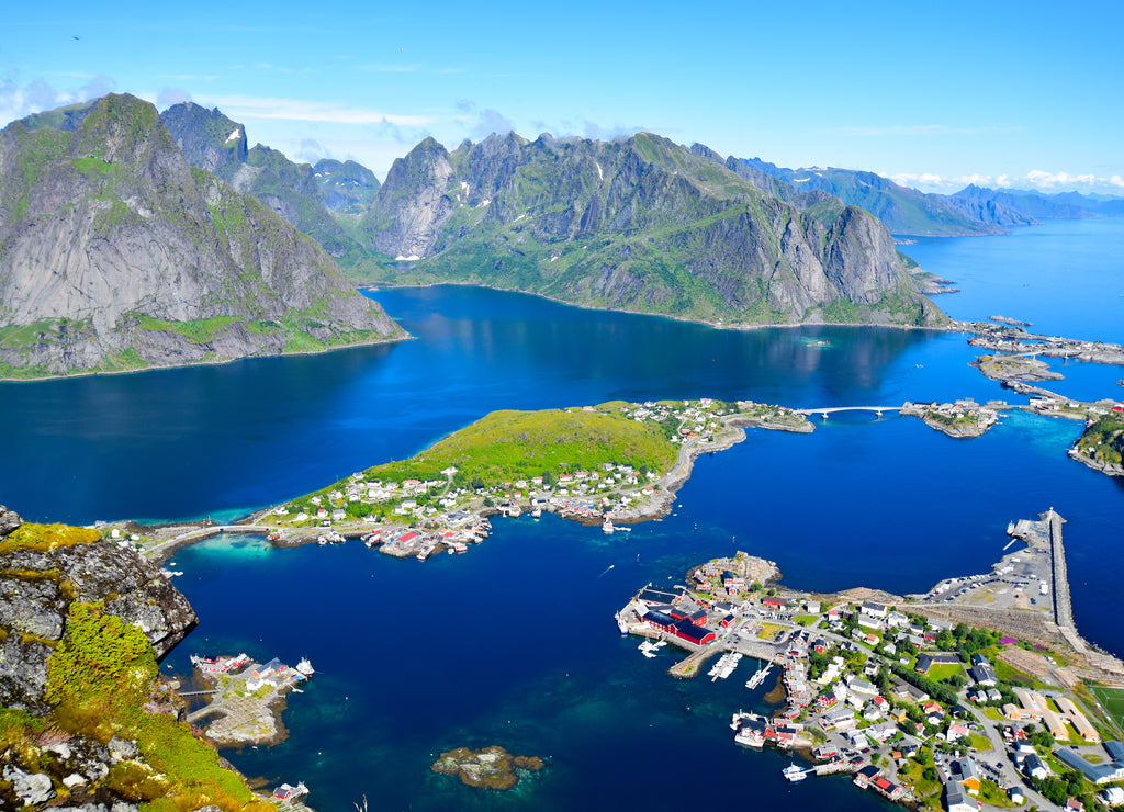 Stunning view point of mountains and blue sea at Reinebringen, Lofoten islands