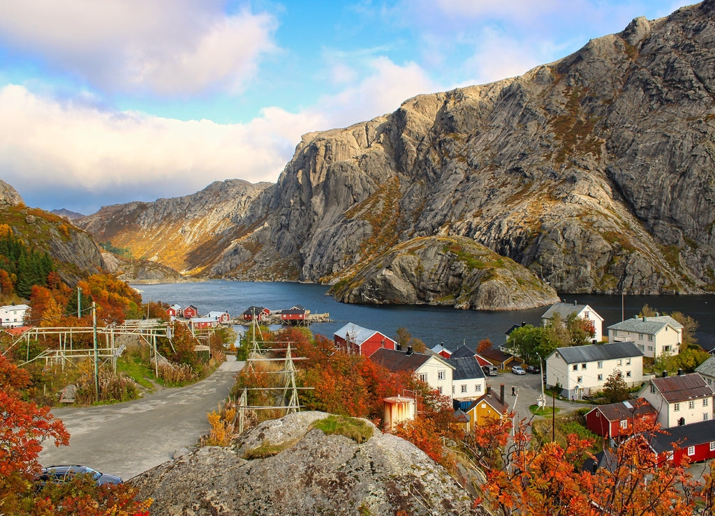 A lovely Norwegian village in the fjords in autumn