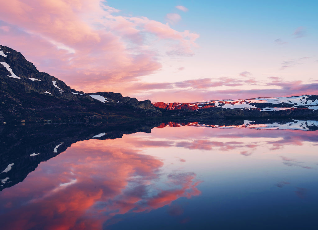 Lake near the Trolltunga in Norway during sunset