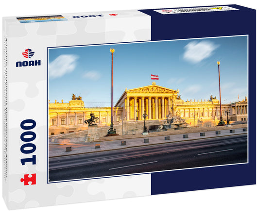 Austrian parliament building with Athena statue on the front in Vienna on the sunrise