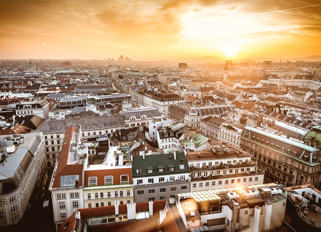 Vienna sunset city skyline as seen from the top of St. Stephan dom