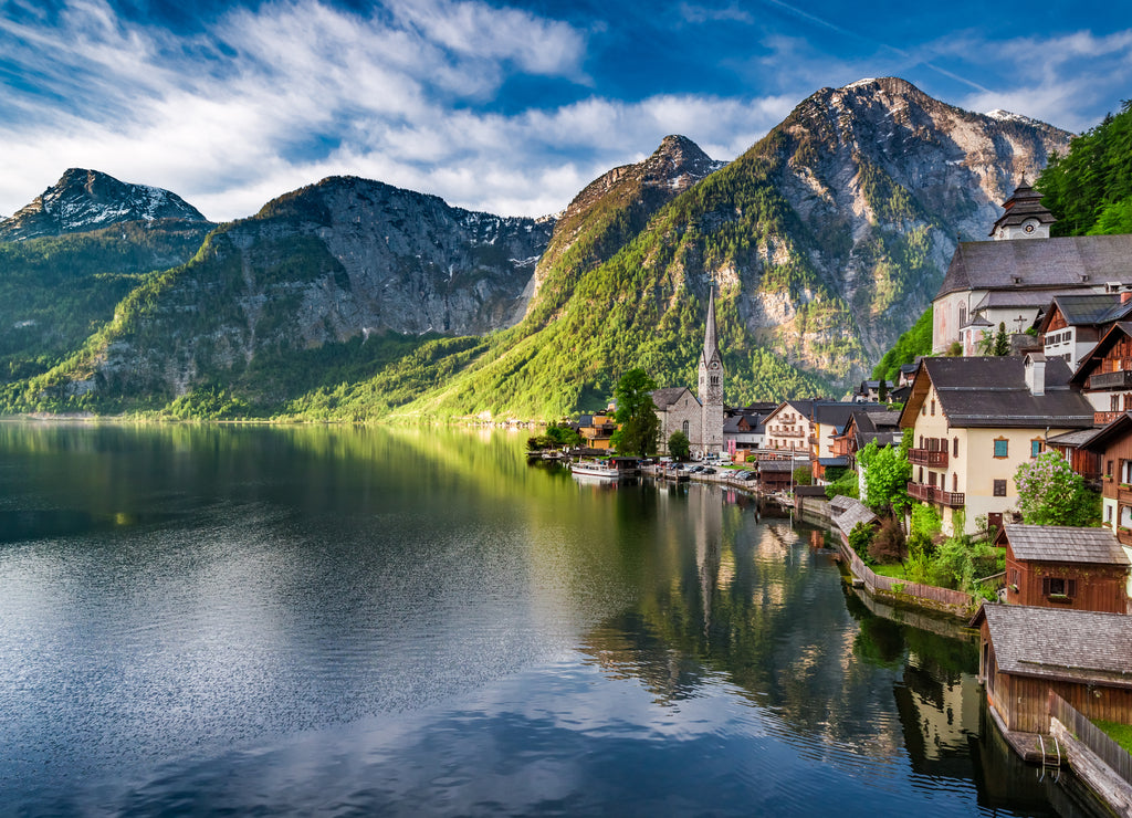 Stunning dawn at mountain lake in Hallstatt, Alps, Austria