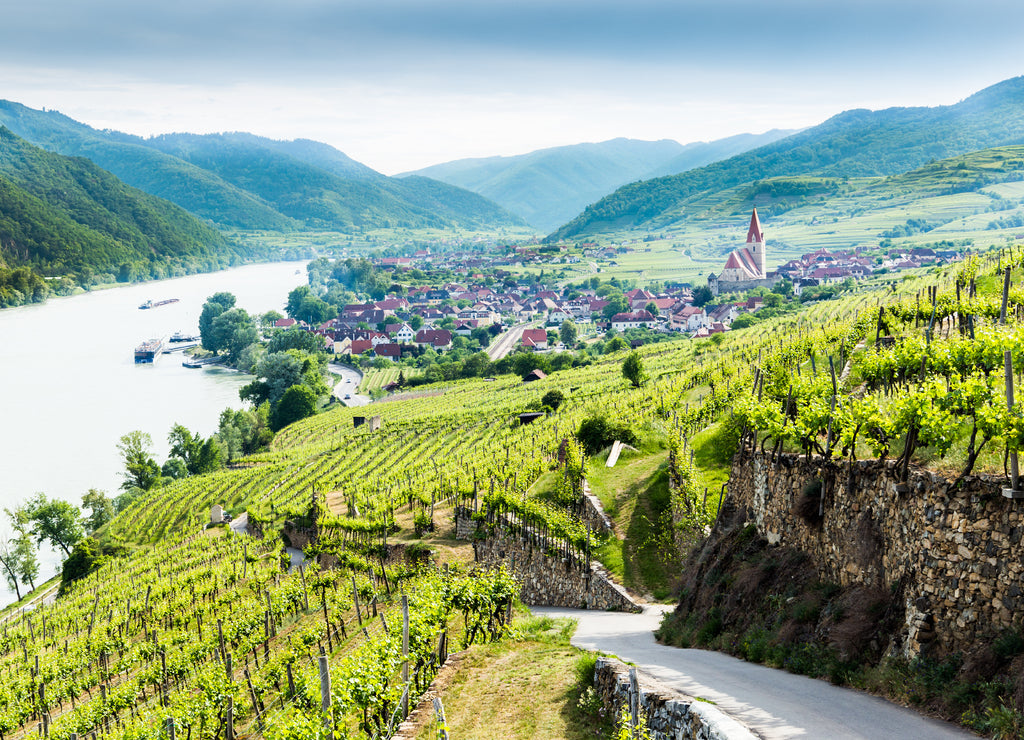 Scenic View into the Wachau with the river Danube and town Weissenkirchen in Lower Austria