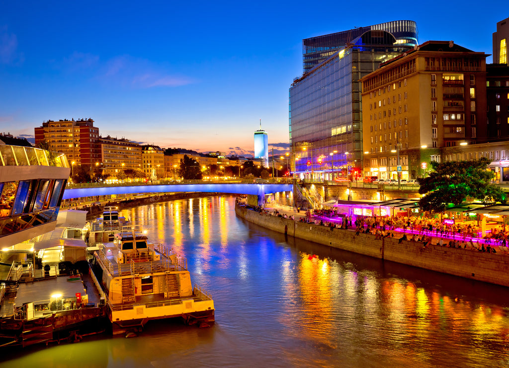 Vienna city modern riverfront evening view