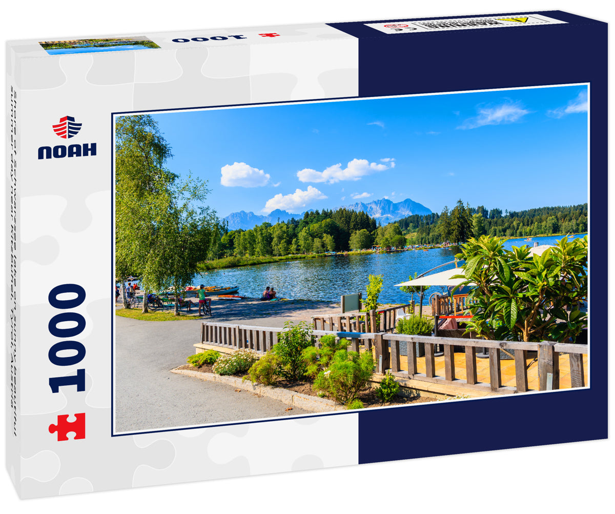 Shore of Schwarzsee lake on sunny beautiful summer day near Kitzbuhel, Tyrol, Austria