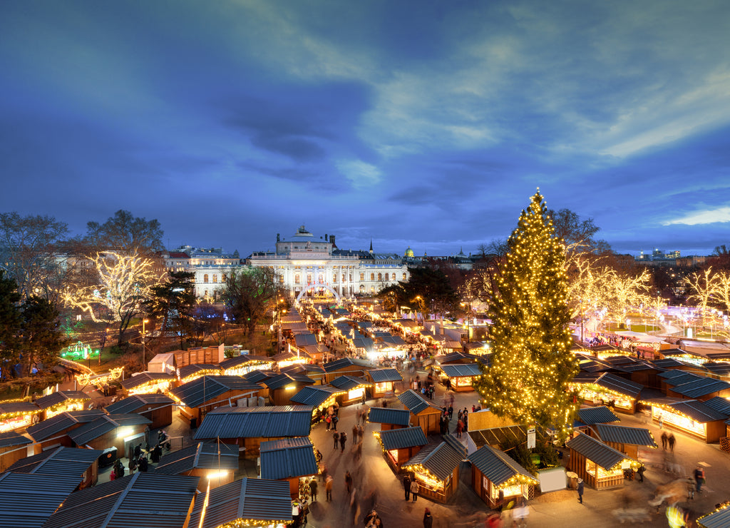Vienna traditional Christmas market in front of the city hall aerial view