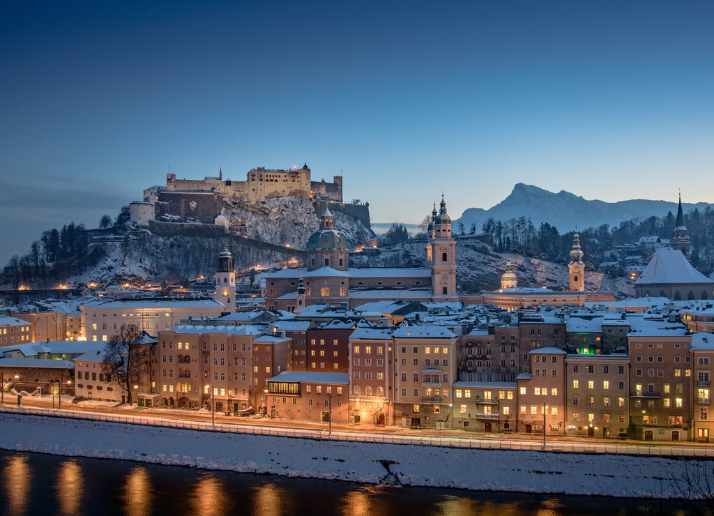 Famous view of Salzburg and the fortress Hohensalzburg in winter, Austria
