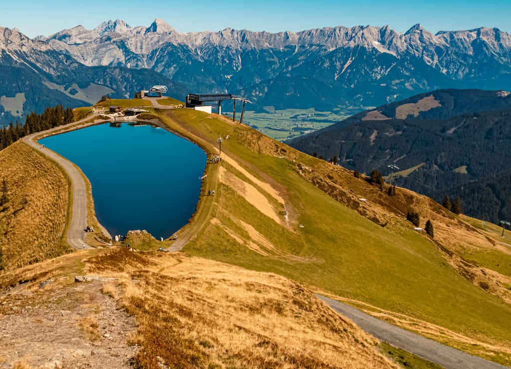 Beautiful alpine view with a far view of a lake at Leogang, Salzburg, Austria