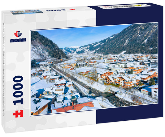 Panorama of ski resort town Mayrhofen with Ziller River in Tyrol in Zillertal valley in Austria in winter Alps