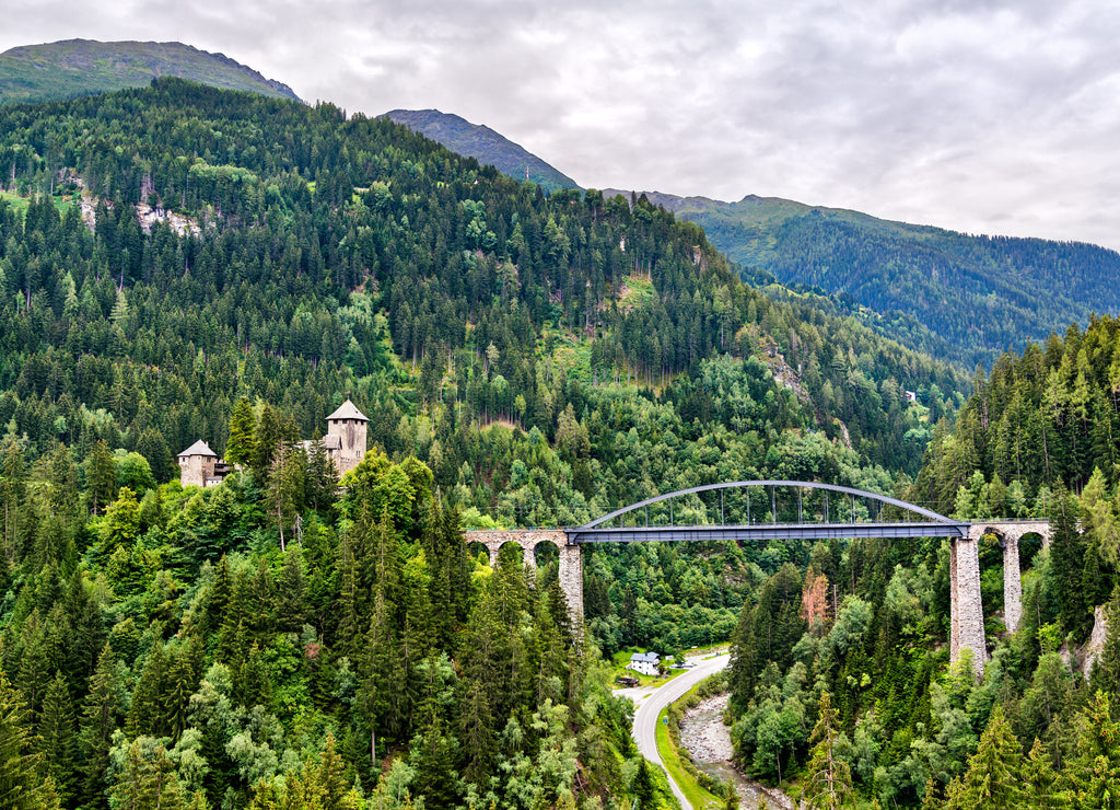 The Trisanna Bridge and Wiesberg Castle in Tyrol, the Austrian Alps