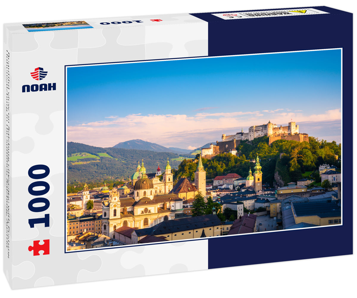 Beautiful view on Salzburg cityscape with Festung Hohensalzburg in the summer, Salzburg, Austria