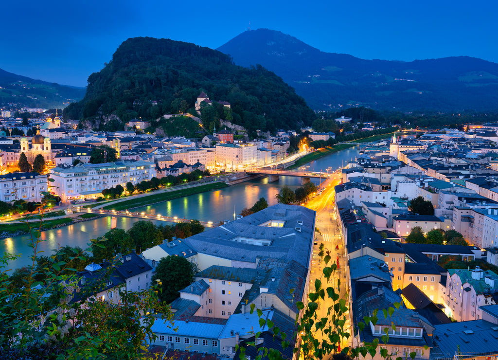 Centre of Salzburg city at blue hour. Austria