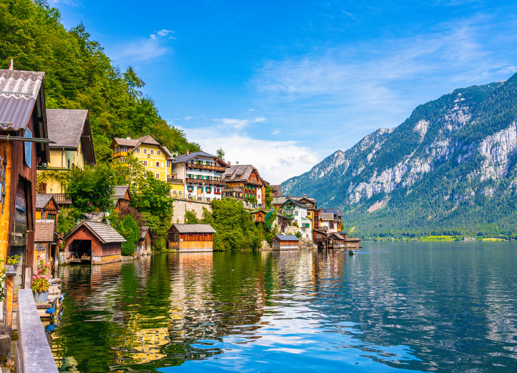 Scenic view of famous Hallstatt mountain village in the Austrian Alps at beautiful light in summer, Salzkammergut region, Hallstatt, Austria