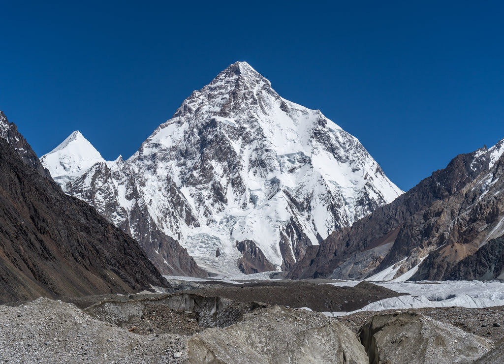 K2 mountain, second highest mountain peak in the world in Karakoram mountain range view from Concordia camp, K2 base camp trekking route, Pakistan, Asia