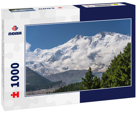 Nanga Parbat mountain massif in Himalaya mountains range and pine tree view from Fairy meadow in summer season, Chilas, Pakistan, Asia