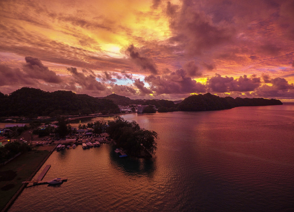 Sunset in Koror, Palau. Micronesia. Colorful Sky and Cloudy Evening Sky