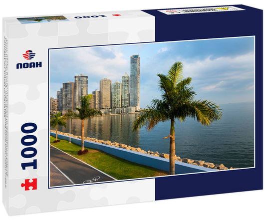 View of the financial district in downtown City of Panama, Panama, with a cycling lane and Palm Trees; Concept for travel in Panama