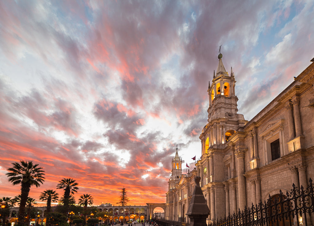 The Cathedral of Arequipa, Peru, at dusk