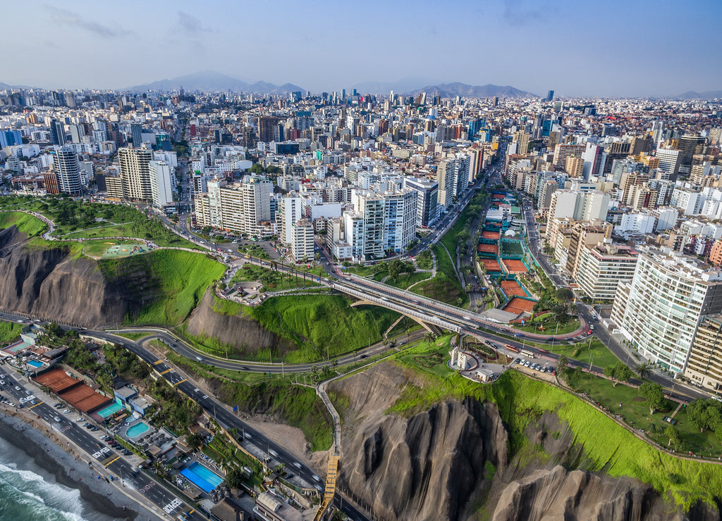 Panoramic aerial view of Miraflores Town and Lima city at back ground