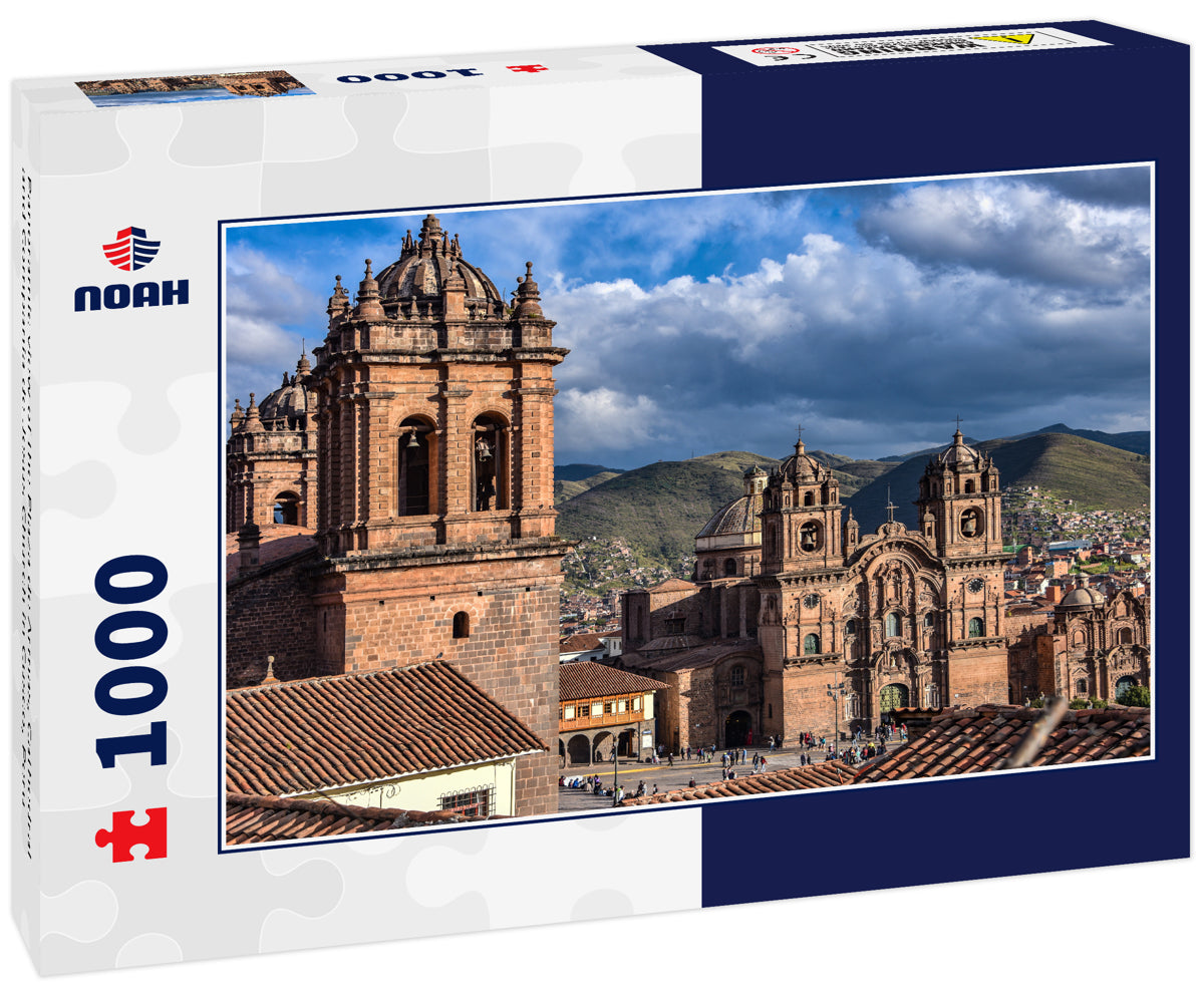 Panoramic view of the Plaza de Armas, Cathedral and Compania de Jesus Church in Cusco, Peru