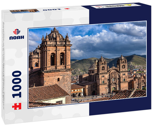 Panoramic view of the Plaza de Armas, Cathedral and Compania de Jesus Church in Cusco, Peru