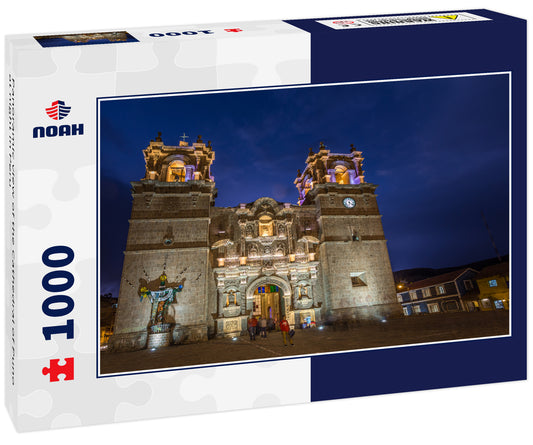 Panoramic view of the Cathedral of Puno at night in Peru