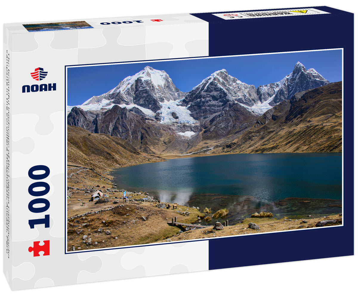 The beautiful landscape of the Laguna Carhuacocha campsite in the Cordillera Huayhuash, Ancash, Peru