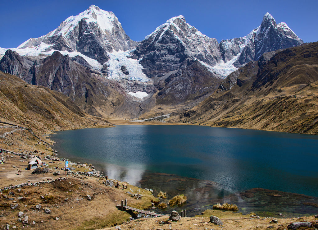 The beautiful landscape of the Laguna Carhuacocha campsite in the Cordillera Huayhuash, Ancash, Peru