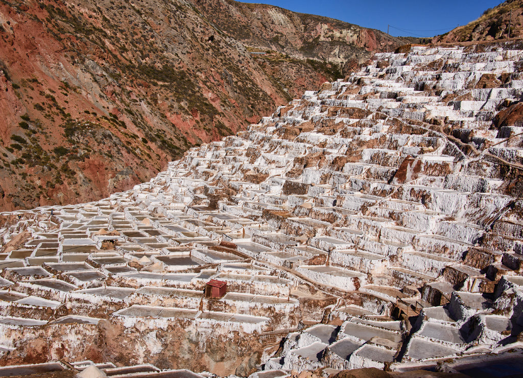 The beautiful landscapes and the stunning view of salt pans of Maras at sunset, Sacred Valley, Peru