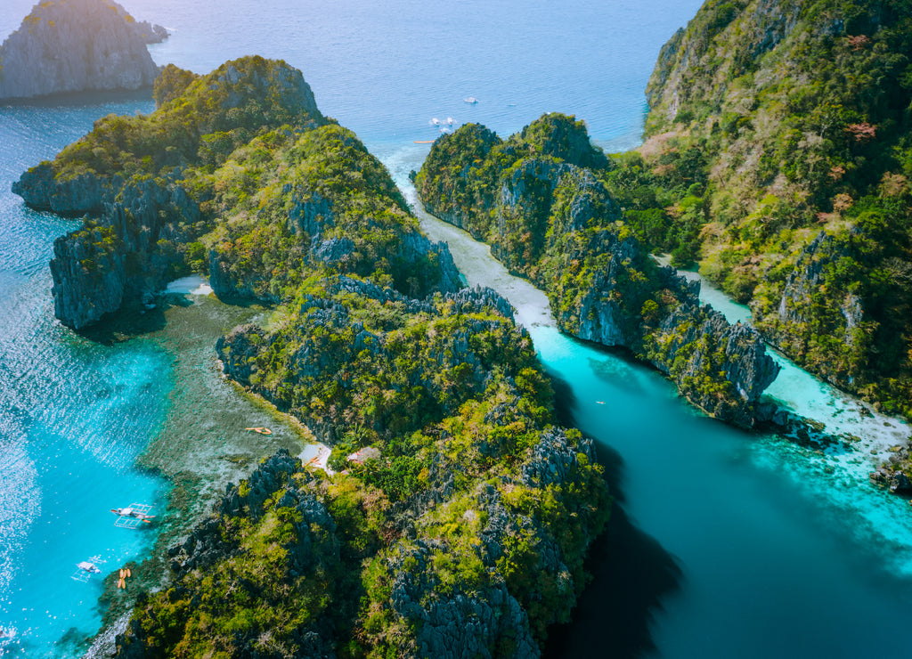 Aerial drone view of Big lagoon and majestic rocks. Discover explore El Nido, Palawan Philippines. stunning attraction, tour trip, island hopping