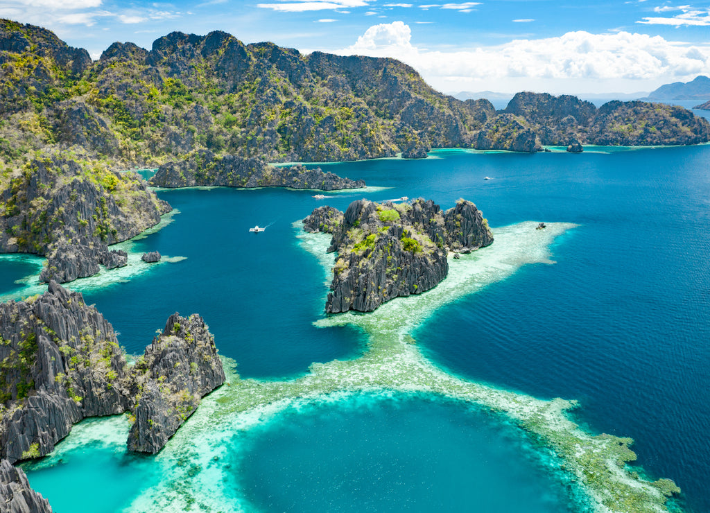 Aerial view of beautiful lagoons and limestone cliffs of Coron, Palawan, Philippines