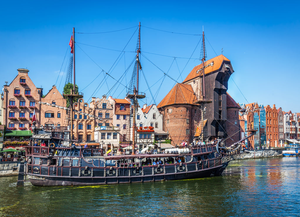 Gdansk old town and famous crane, Polish Zuraw. Motlawa river in Poland