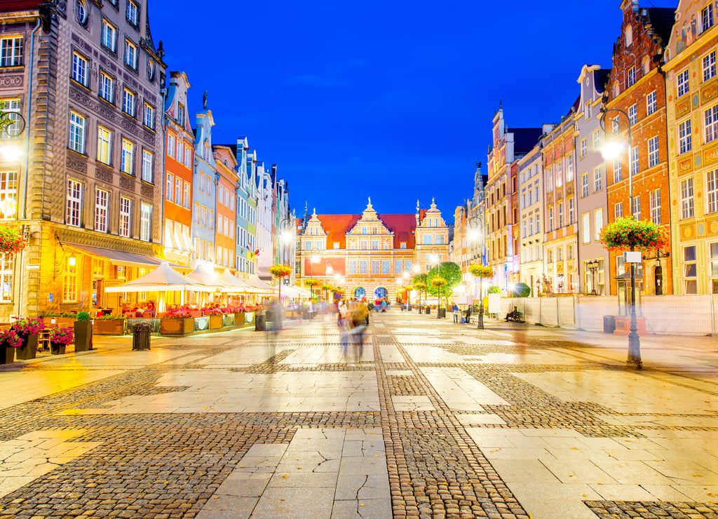 Night view on the illuminated market square in the old town center of Gdansk, Poland